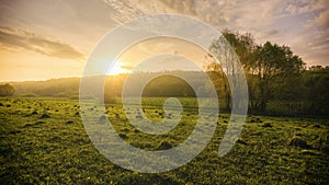 Sunset or sunrise in a spring field with green grass, willows, mist and a cloudy sky. Springtime landscape. Vintage film