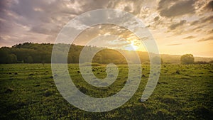 Sunset or sunrise in a spring field with green grass, willows, mist and a cloudy sky. Springtime landscape. Vintage film