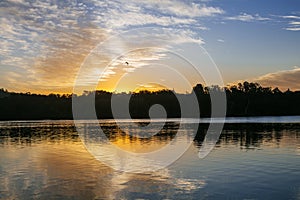 Sunset, Sunrise Summer Landscap.Blue Sky, amazing colorful clouds.Natural Background.Artistic Wallpaper.Lake, sun.