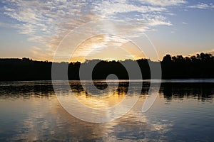 Sunset, Sunrise Summer Landscap.Blue Sky, amazing colorful clouds.Natural Background.Artistic Wallpaper.Lake, sun.