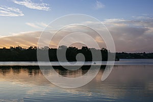 Sunset, Sunrise Summer Landscap.Blue Sky, amazing colorful clouds.Natural Background.Artistic Wallpaper.Lake, sun.