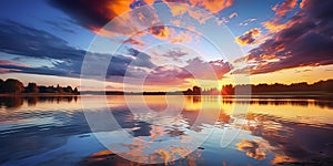 Sunset, Sunrise Summer Landscape Beautiful Nature Blue Sky amazing colorful clouds Natural Background. Artistic Wallpaper Lake