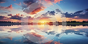 Sunset, Sunrise Summer Landscape Beautiful Nature Blue Sky amazing colorful clouds Natural Background. Artistic Wallpaper Lake