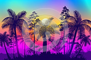 Sunset or sunrise time at tropical forest with trees and bright colorful gradient sky