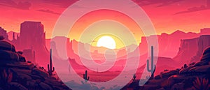 Sunset sunrise twilight pan.oramic view on wild west desert with mountains and cacti. Cartoon style illustration, pink hues