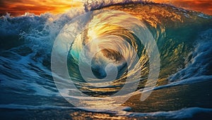 Sunset surf, breaking waves crash on coastline generated by AI