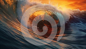 Sunset surf, nature beauty in motion on water generated by AI