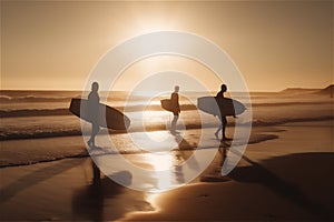 Sunset surf team: silhouettes of surfers on beach at sunset, love of extreme sports.generative ai