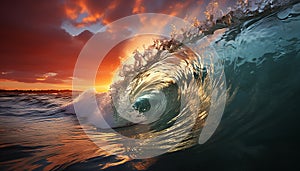 Sunset surf, water spray, wave motion, men extreme adventure generated by AI