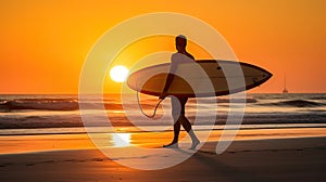 Sunset surfer on a pristine beach. Silhouette with surfboard at the ocean shoreline.