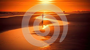 Sunset surfer on a pristine beach. Silhouette with surfboard at the ocean shoreline.