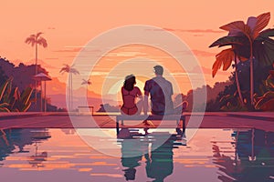 sunset swimming couple relax travel pool back romantic vacation honeymoon. Generative AI.