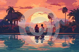 sunset swimming pool travel relax honeymoon vacation back couple romantic. Generative AI.