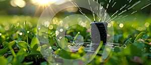 Sunset Symphony: Garden Sprinkler in Harmony with Nature. Concept Sunset, Symphony, Garden