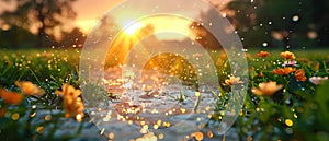 Sunset Symphony: Garden Sprinkler\'s Serenade. Concept Nature Sounds, Relaxing Water Music, Evening