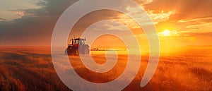 Sunset Symphony: Tractor\'s Dance Over Golden Fields. Concept Agricultural Machinery, Nature