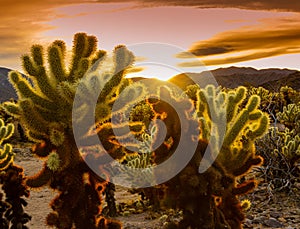 Sunset on Teddy bear (Cylindropuntia bigelovii) Cholla Cactus Garden at Pinto Basin