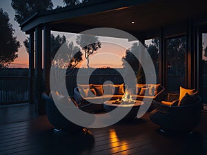 Sunset on the terrace with a cozy fire in a modern home.