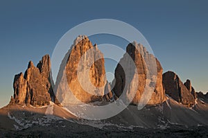 Sunset on the three peaks of the Lavaredo Dolomite
