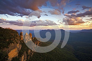 Sunset at The Three Sisters From Echo Point, Blue Mountains National Park, NSW, Australia