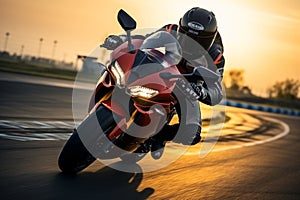 Sunset thrill Sport bike rider races on a high speed track