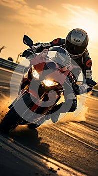 Sunset thrill Sport bike rider races on a high speed track