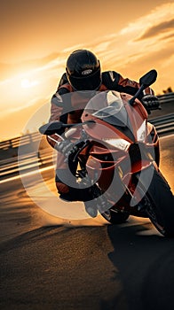 Sunset thrill Sport bike rider races on a high speed track