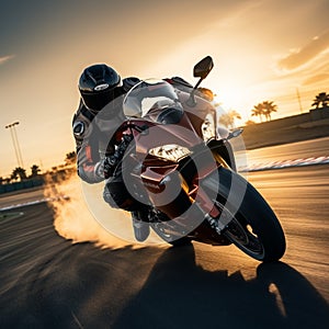 Sunset thrill Sport bike rider races on a high speed track