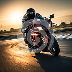 Sunset thrill Sport bike rider races on a high speed track