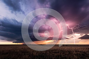 Sunset thunderstorm lightning strikes