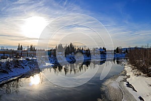 Sunset time, Fairbanks downtown, river photo