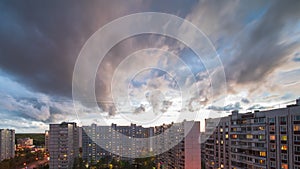 Sunset time lapse over typical panel block apartment buildings of Moscow, Russia.