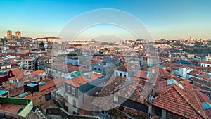 Sunset time, shadow cover Douro riverside with the Dom Luiz bridge timelapse, Porto , Portugal. Travel background