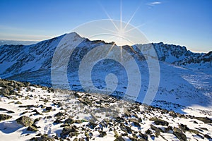 Sunset from the top of Koncista peak in High Tatras during winter