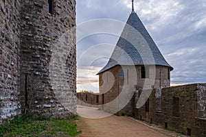 Sunset on The tower named Tour du Grand Camisou in the CitÃ© of Carcassonne, the fortified city of Carcassonne, Aude, France