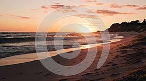 Sunset at a tranquil beach with golden water and sky background