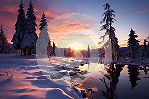 Sunset transforms the winter wonderland into a serene and enchanting scene