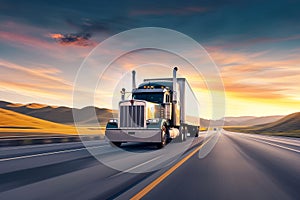 Sunset Transport: Big Rig Truck Hauling Cargo on Highway Wallpaper and Design, Generative AI