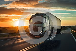 Sunset transport scene freight truck travels down road against setting sun