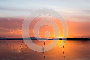 Sunset a Trasimeno lake Umbria, Italy, with poles on the foreground