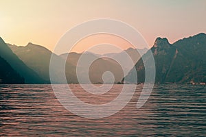 Sunset on Traunsee lake with alps mountain. Summer Austria landscape