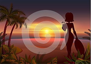 Sunset tropical beach. Beautiful young woman silhouette drinking cocktail