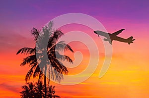 Sunset on tropical beach with coconut palm trees during silhouette airplane flying take off over