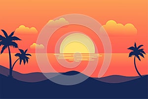 Sunset Tropical Beach with Palm Trees and Sea for Summer Resort Background. Vector Illustration