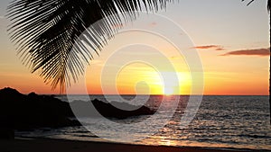 Sunset on a tropical beach, swaying palm leaves, holiday atmosphere, natural colors, calm sea glistening in the rays of the settin