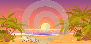 Sunset on tropical beach, tropic paradise vacation landscape, palm trees, setting sun
