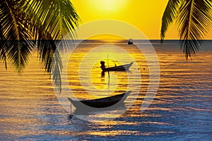 Sunset tropical island sea beach, ocean sunrise landscape, palm tree, boats, ships, yellow sky, sun, blue water, summer holidays