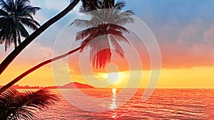 Sunset tropical island sea beach, ocean sunrise landscape, palm tree, yellow sun, water, orange, red, pink sky, summer holidays