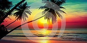 Sunset tropical island sea beach panorama, ocean sunrise, palm tree, orange red sky, yellow sun, blue water, summer holidays