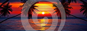 Sunset tropical island sea beach panorama, ocean sunrise, palm tree, orange red sky, yellow sun, blue water, summer holidays